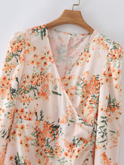 Yellow Floral V Neck Long Sleeve Dress