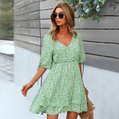Women's Floral Dress Summer V Neck Sexy A Line Skirt