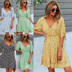 Women's Floral Dress Summer V Neck Sexy A Line Skirt
