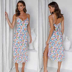 Summer Sexy Women's Sling Sleeveless V-Neck Digital Printed Dress