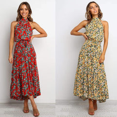 Floral Halter Strap Large Swing Dress Women's Clothing