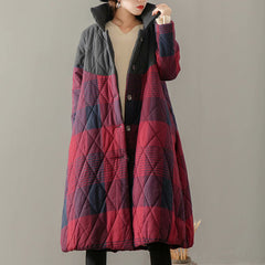 Artistic Retro Long Hooded Plaid Cotton Coat Cotton Jacket Women's Chinese Style Loose Puffer Jacket