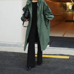 Autumn  Long Windbreaker Korean Style Stand Collar Drawstring Waist-controlled Long Sleeves Loose Trench Coat