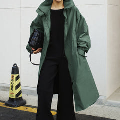Autumn  Long Windbreaker Korean Style Stand Collar Drawstring Waist-controlled Long Sleeves Loose Trench Coat