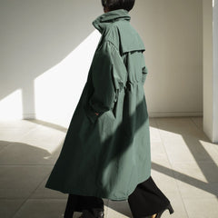 Autumn  Long Windbreaker Korean Style Stand Collar Drawstring Waist-controlled Long Sleeves Loose Trench Coat