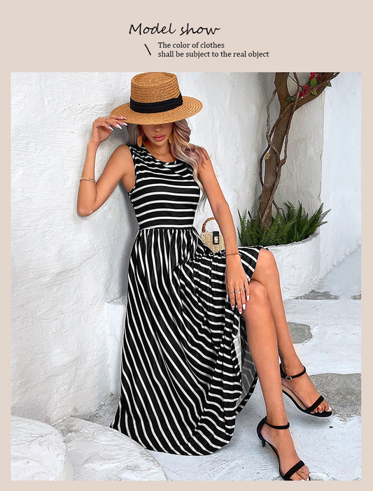Summer Round Neck European And American Striped Sleeveless Dress