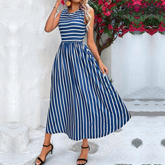 Summer Round Neck European And American Striped Sleeveless Dress