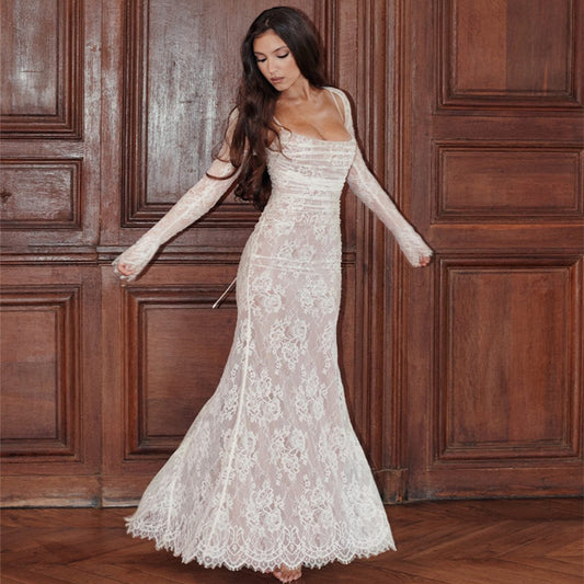 Women's Clothing Sexy Temperament Waistcoat Long Sleeve Strap Floral Lace Dress