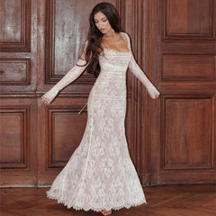 Women's Clothing Sexy Temperament Waistcoat Long Sleeve Strap Floral Lace Dress