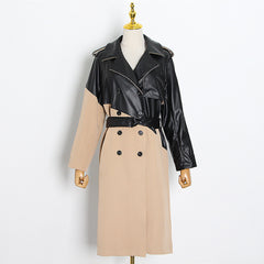 Suit collar stitching leather trench coat over the knee