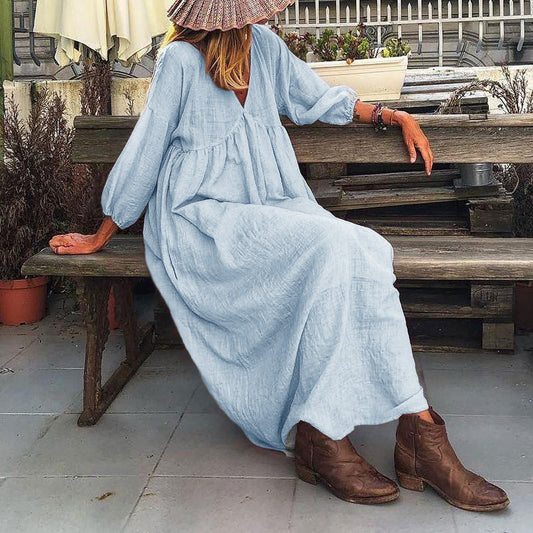 Women's Long Sleeve V-neck Shoulder Sleeve Loose Dress