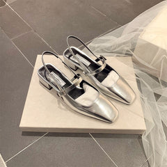 French Square Toe Mary Jane Shoes Rhinestone Square Buckle Chunky Heel