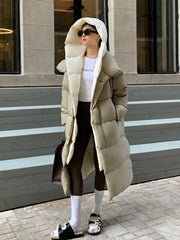 Women's White Duck Down Long Hooded Warm Puffer Jacket