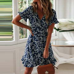 V-neck chiffon A-line short sleeve dress