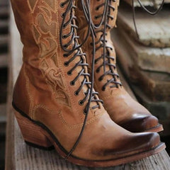 Medium thick heel lace mid-tube boots women boots