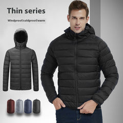 Men's Lightweight Hooded Coat Winter Warm Solid Color Zipper Jacket Fashion Portable Outerwear Top Clothing