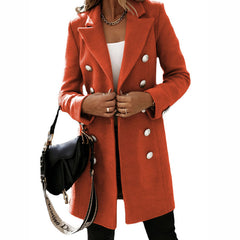 Turndown Collar Jacket For Women Autumn Winter Long-sleeved Double-breasted Woolen Coat