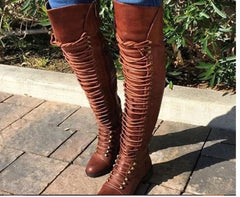 Women's Retro Pu Cross Strap Block Heel Knee Boots – view 3