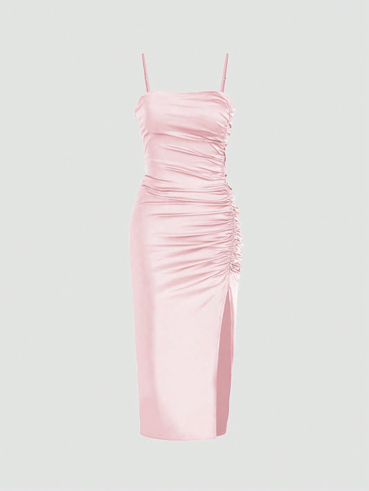 Solid Color Ruched Bodycon Slit Cami Dress Party Dress Wedding Guest Dress