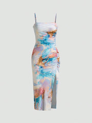 Solid Color Ruched Bodycon Slit Cami Dress Party Dress Wedding Guest Dress