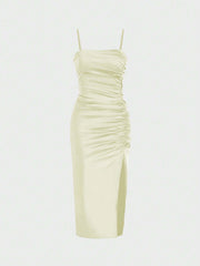 Solid Color Ruched Bodycon Slit Cami Dress Party Dress Wedding Guest Dress