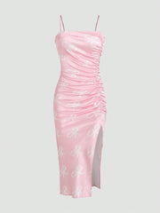 Solid Color Ruched Bodycon Slit Cami Dress Party Dress Wedding Guest Dress