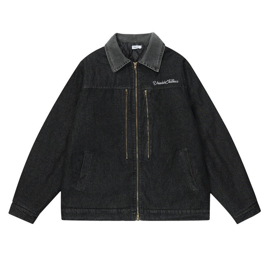 Color Stitching Turnover Neck Denim Puffer Jacket