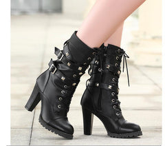 Comfort Side Zip Studs Thick Heel Mid Boots High Heel Lace  Boots