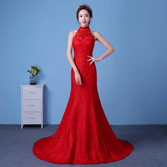 Big Red Wedding Dress Bride Large Size Waist Fishtail Wedding Dress Fishtail Tail Korean Hanging Neck