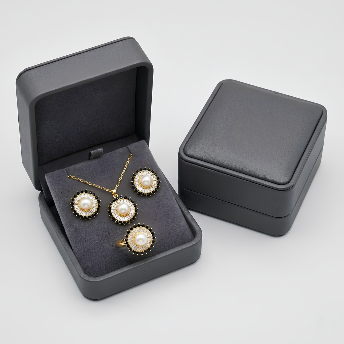 Sea Pearl Sunburst Jewelry Set – Gold-Tone Necklace, Earrings & Ring