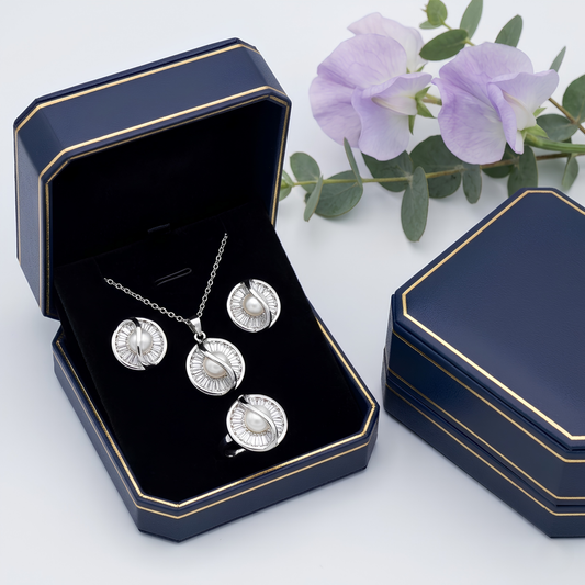 Sea Pearl Swirl Jewelry Set – Silver-Tone Necklace, Earrings & Ring