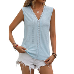 Solid Color Hole Lace V-neck Sleeveless Vest