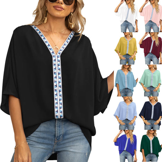 Summer Women's Bat Sleeve Chiffon V-neck Shirt