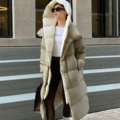 Women's White Duck Down Long Hooded Warm Puffer Jacket