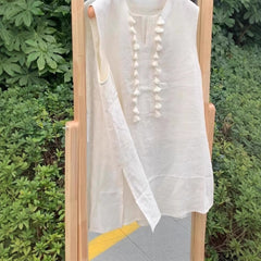 Linen Vest For Women Mid-length Unique Tassel Sleeveless Shirt Summer
