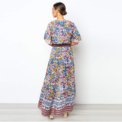 Bohemian Floral Beach Print Flared Sleeve Dress Women