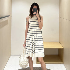 Casual Style A- Line Round Neck Pleated Dress Retro Vacation Striped Knitted Vest Skirt