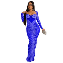 Women's Hot Drilling Mesh See-through Long Sleeve Dress