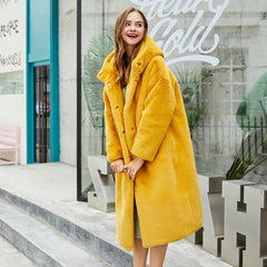 Women's Faux Fur Long Hooded Faux Rabbit Plush Jacket