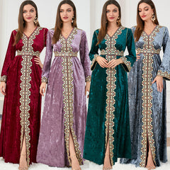 Loose Slim V-neck High-end Women's Long-sleeved Canary Velvet Dress