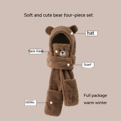 Cute Bear Hat Scarf Integrated Women's Autumn And Winter Plush Thickened Hat Scarf Integrated Three-piece Suit