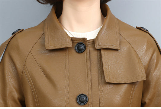 Women Leather Trench Spring Turn-down Collar Solid Color Drawstring Loose Long Sheepskin Coat