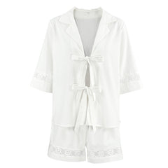 Women's White Loose And Simple Cotton And Linen Half-sleeve Shirt Shorts Two-piece Set