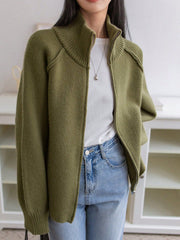 Solid Color Stand Collar Zipper Knitted Cardigan Top
