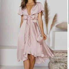 V-neck Temperament Irregular Lace-up Dress