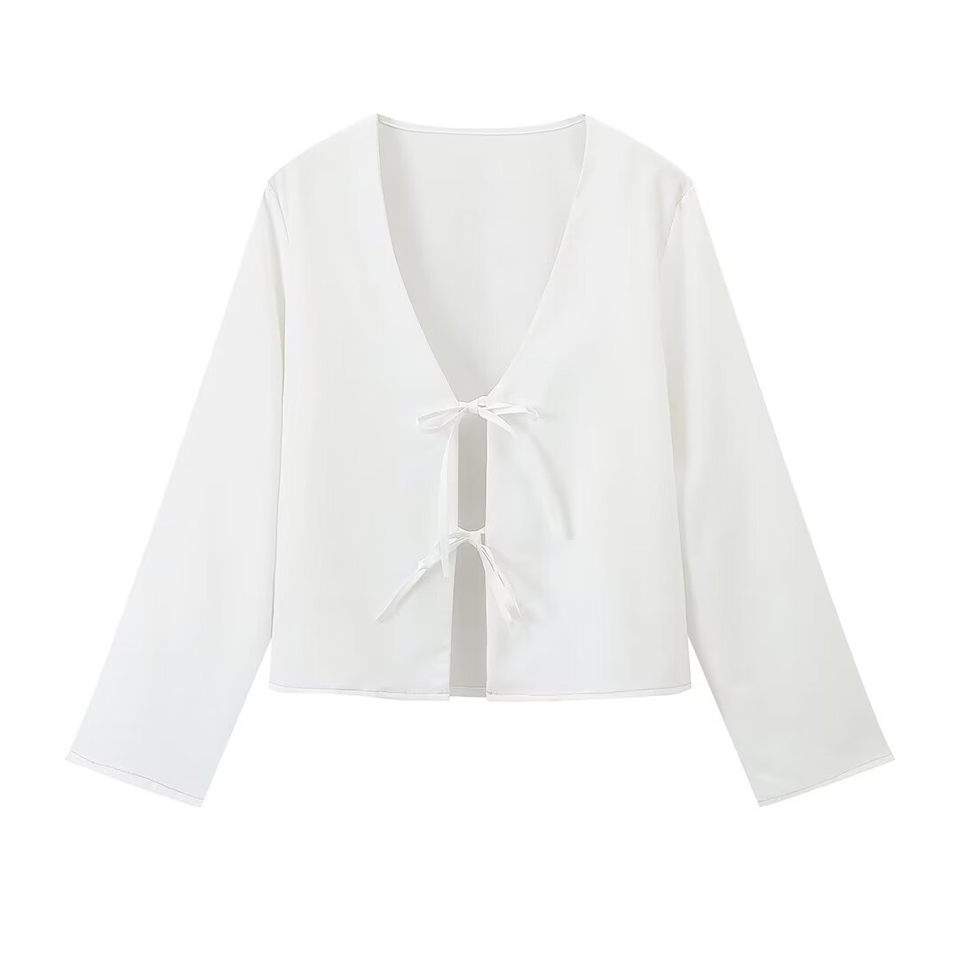 Deep V Bell Sleeve Tied Top Women
