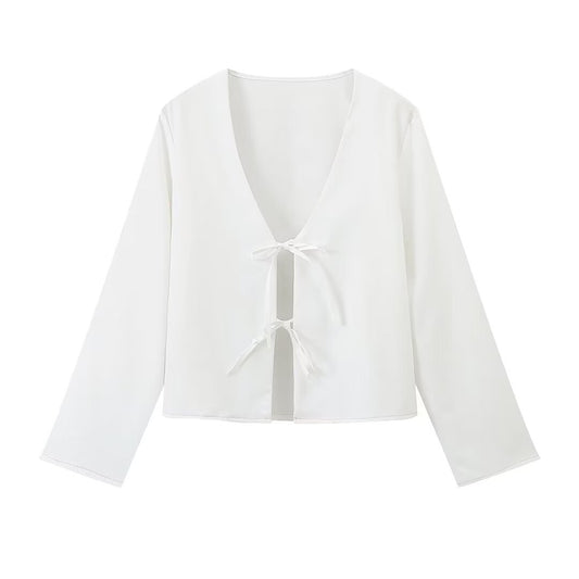 Deep V Bell Sleeve Tied Top Women