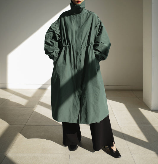Autumn  Long Windbreaker Korean Style Stand Collar Drawstring Waist-controlled Long Sleeves Loose Trench Coat