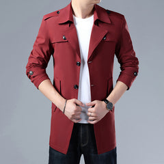 Spring And Autumn Men's Trench Coat With Buttons  Jacket Slim Regular Classic Jacket