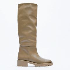 Leather Flat Round Toe Sand Brown Below The Knee Leg Boots